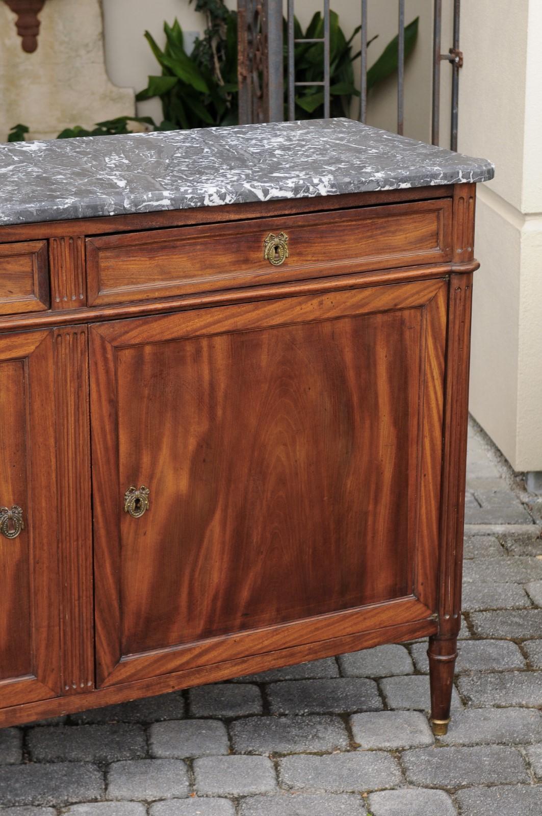 French 1870s Walnut Buffet with Grey Marble Top, Two Drawers and Two Doors 1