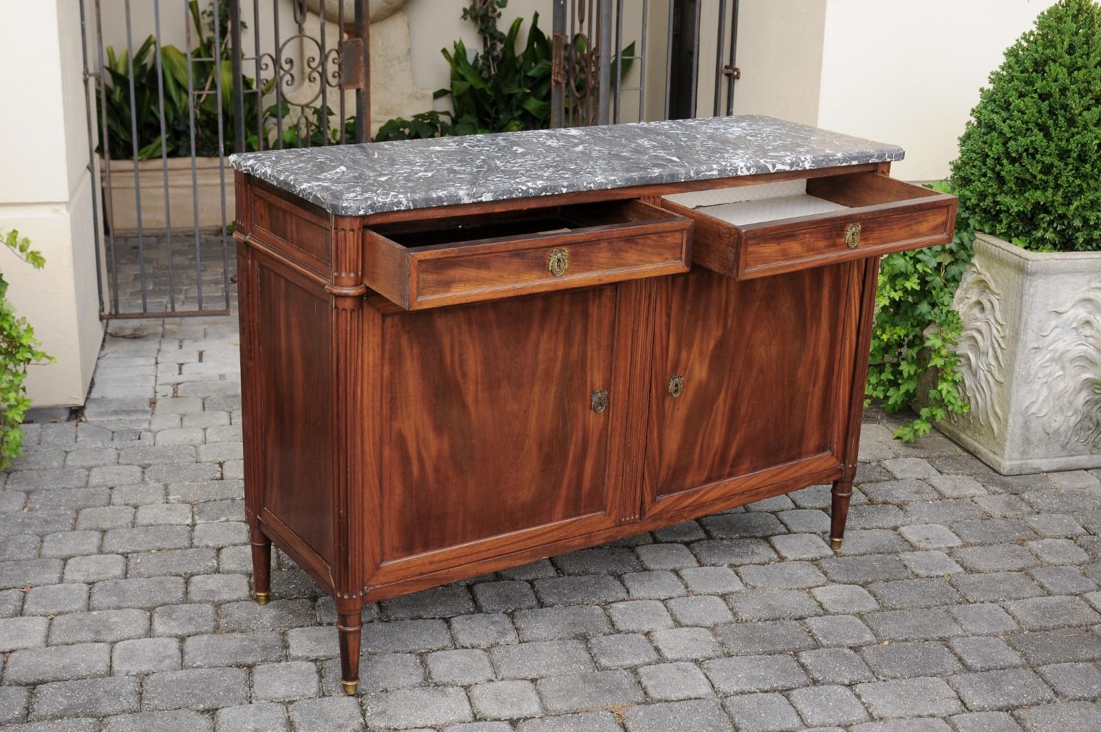 French 1870s Walnut Buffet with Grey Marble Top, Two Drawers and Two Doors 4