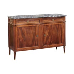 French 1870s Walnut Buffet with Grey Marble Top, Two Drawers and Two Doors