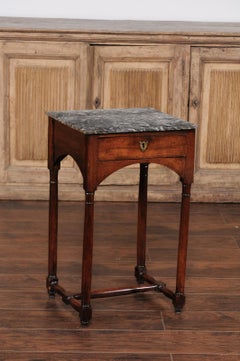French 1870s Walnut Side Table with Grey Marble Top, Drawer and Arched Skirt