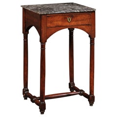 French 1870s Walnut Side Table with Grey Marble Top, Drawer and Arched Skirt