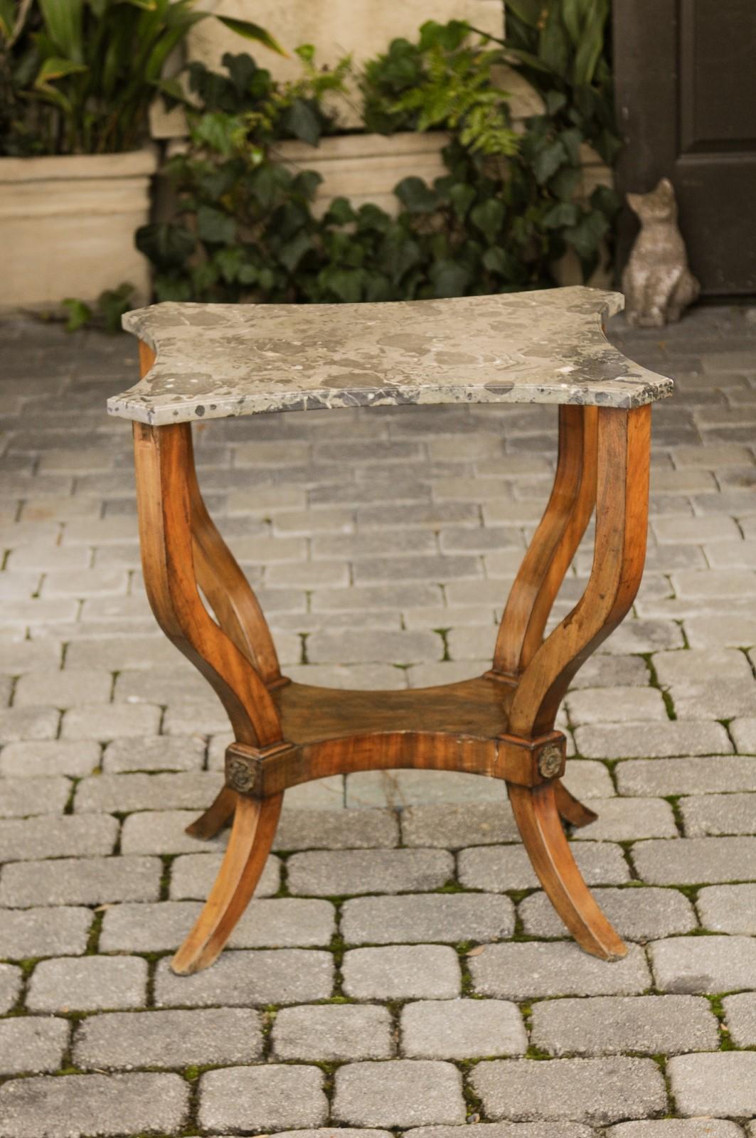 French 1870s Walnut Side Table with Variegated Marble Top and Petite Shelf 6