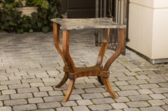 French 1870s Walnut Side Table with Variegated Marble Top and Petite Shelf