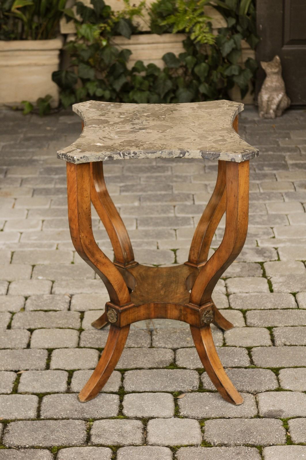 French 1870s Walnut Side Table with Variegated Marble Top and Petite Shelf 3