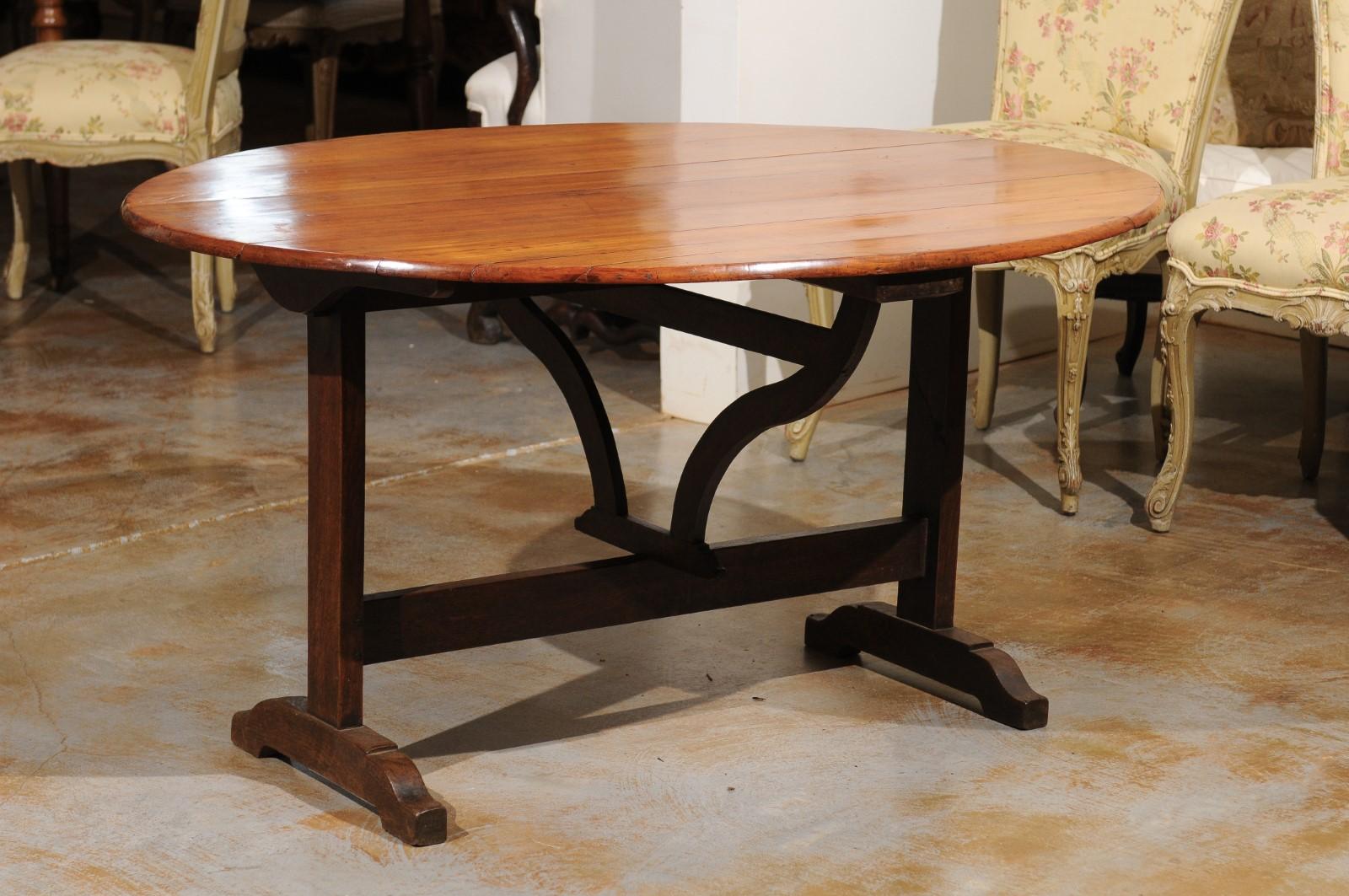 Wood French 1870s Wine Tasting Table with Oval Tilt-Top, Trestle Base and Wedge