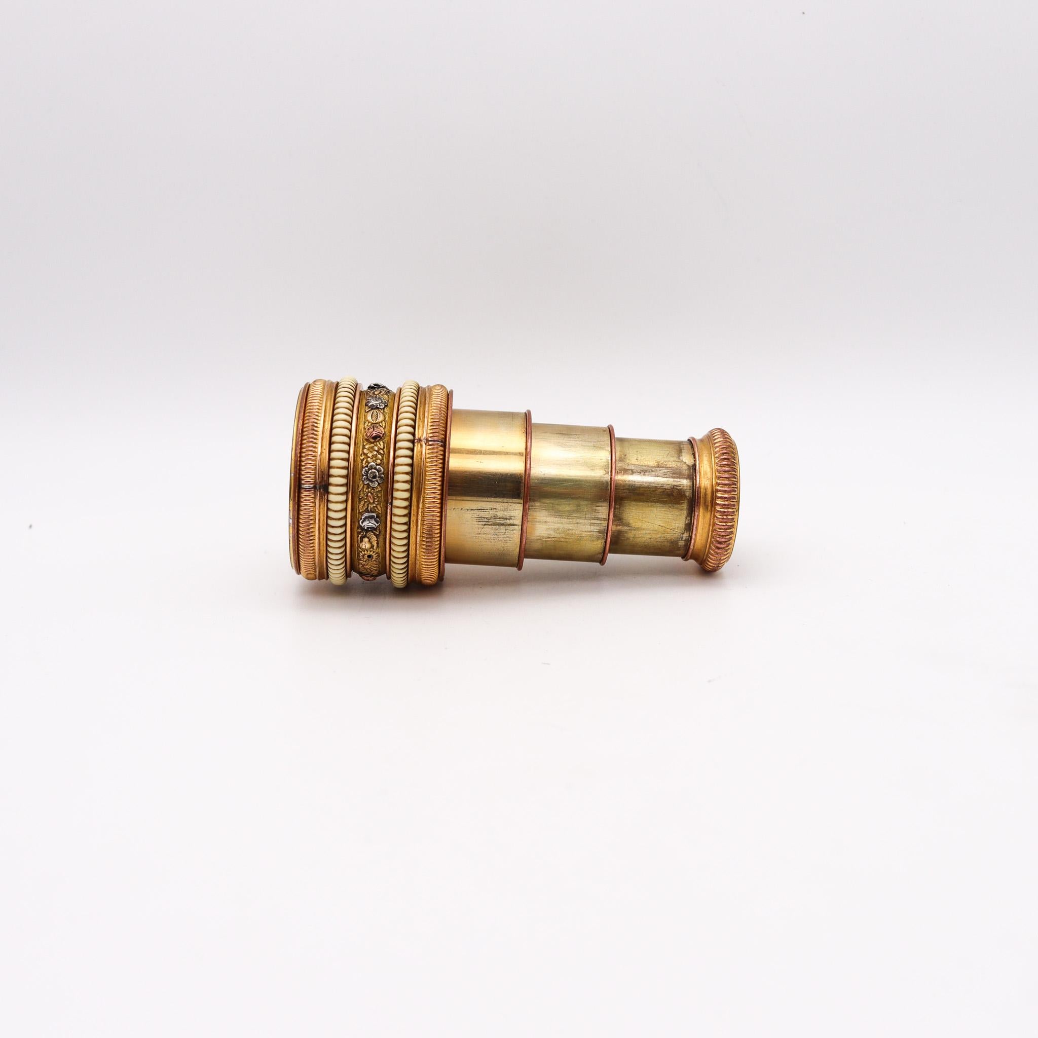 French three-Draws Monocular Telescope.

Very unusual and handy monocular telescope, created in France during the last three-quarters of the 19th century, circa 1880. This is a personal pocket luxury monocular telescope, crafted in solid gilt bronze