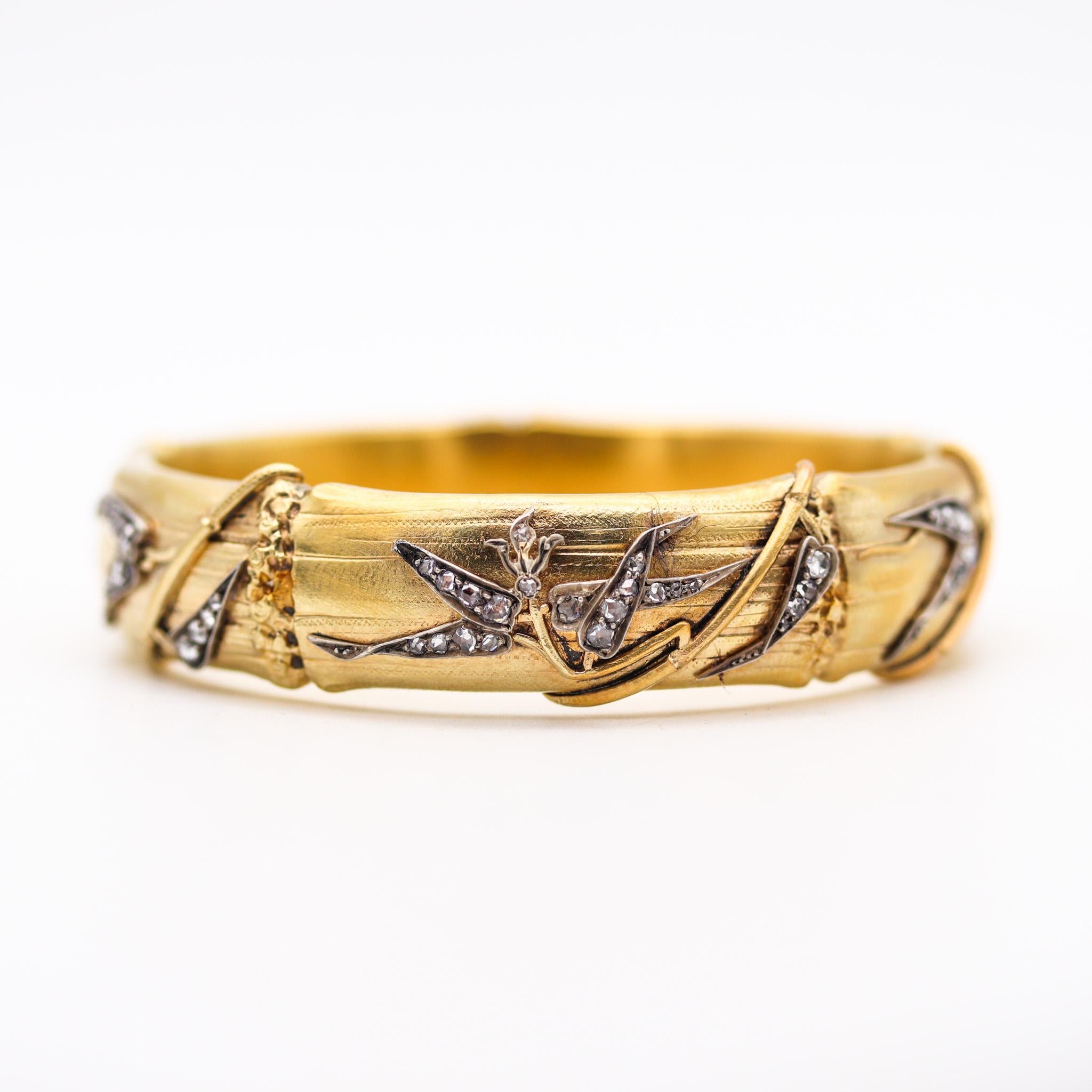 Art Nouveau French 1880 Bamboo Pattern Bracelet In 18Kt Yellow Gold With Rose Cut Diamonds For Sale