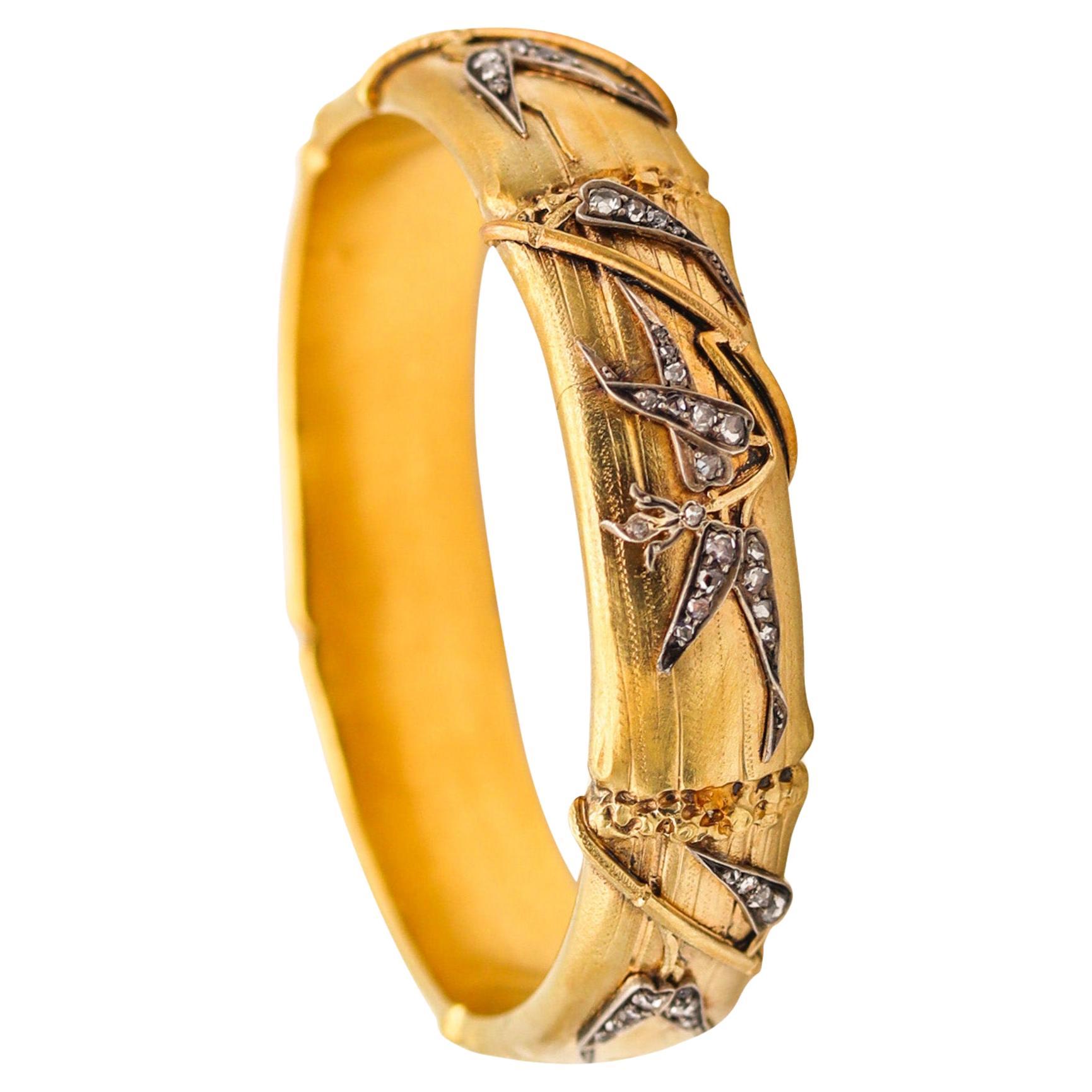 French 1880 Bamboo Pattern Bracelet In 18Kt Yellow Gold With Rose Cut Diamonds For Sale
