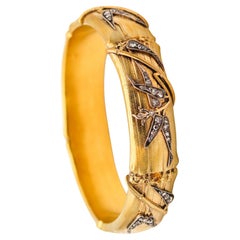 Vintage French 1880 Bamboo Pattern Bracelet In 18Kt Yellow Gold With Rose Cut Diamonds