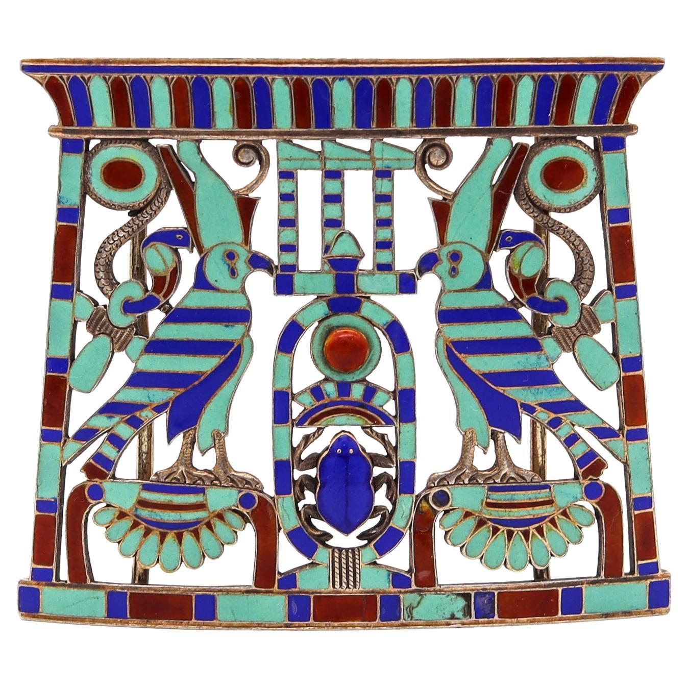 French 1880 Egyptian Revival Pectoral in Silver with Champleve Cloisonne & Lapis For Sale