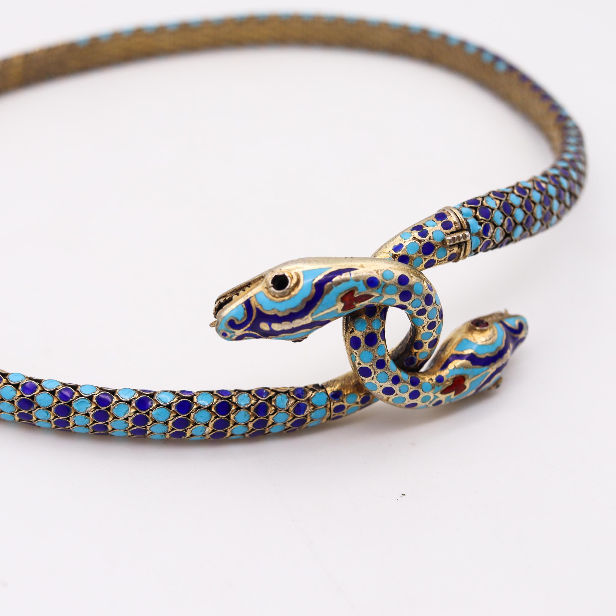French 1880 Egyptian Revival Snakes Necklace in Silver with Champleve Cloisonné In Excellent Condition For Sale In Miami, FL