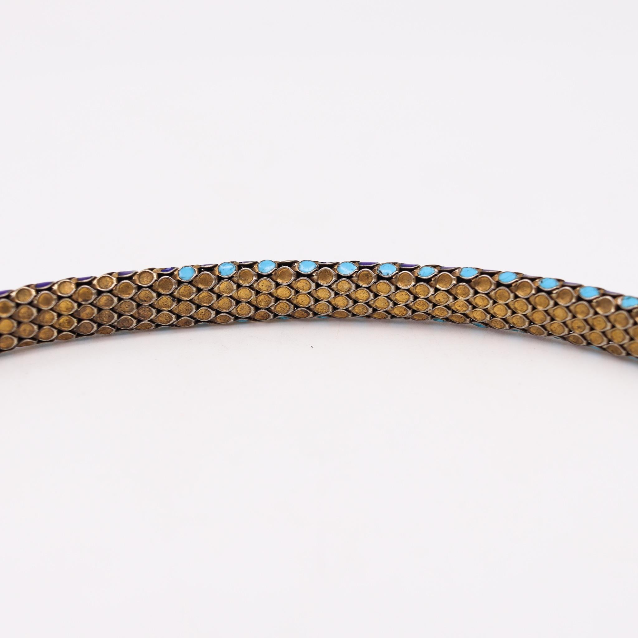 Women's French 1880 Egyptian Revival Snakes Necklace in Silver with Champleve Cloisonné For Sale