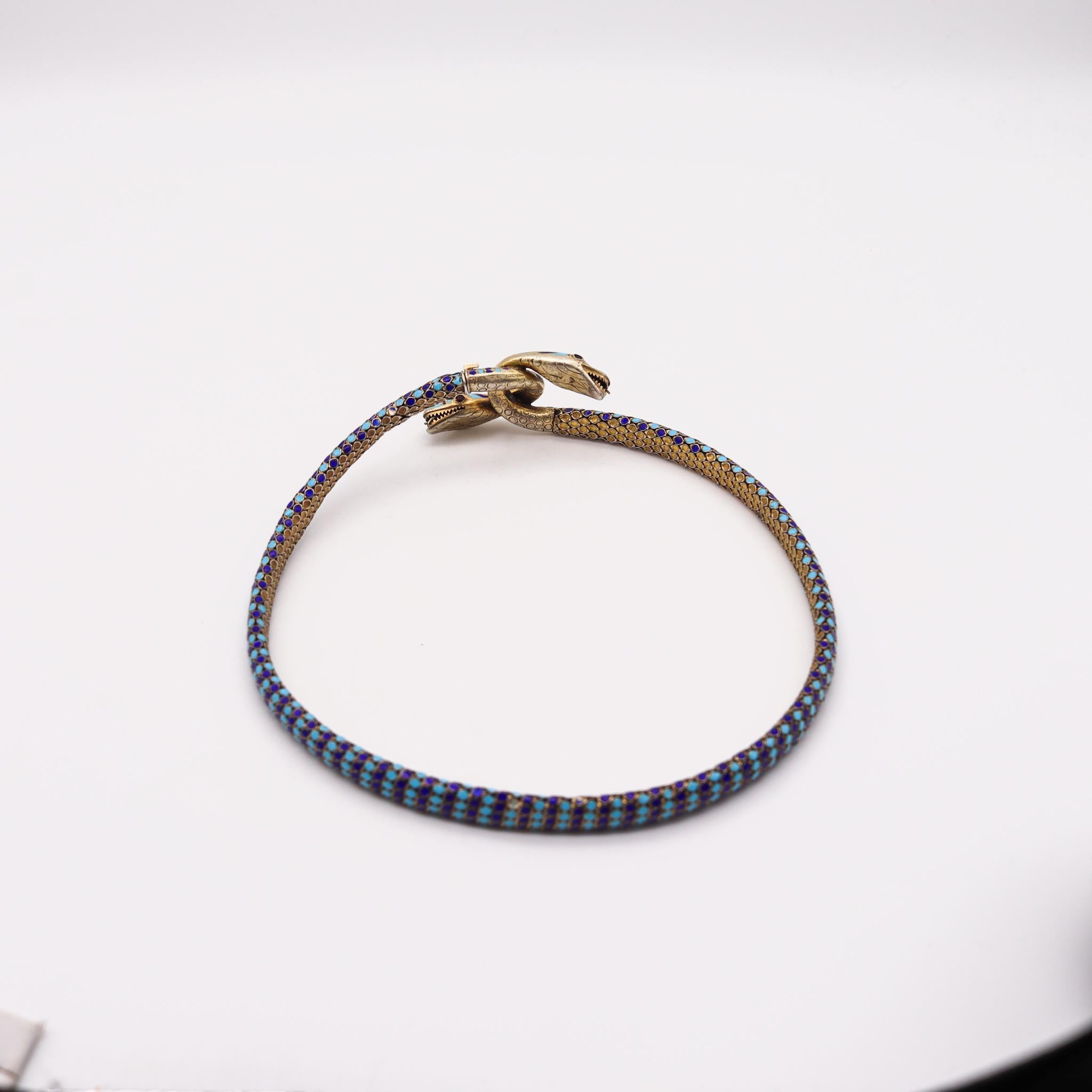 French 1880 Egyptian Revival Snakes Necklace in Silver with Champleve Cloisonné 1