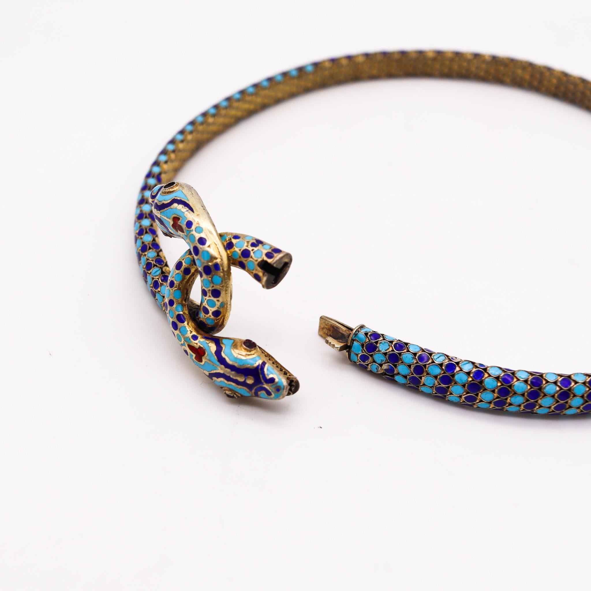 French 1880 Egyptian Revival Snakes Necklace in Silver with Champleve Cloisonné For Sale 2