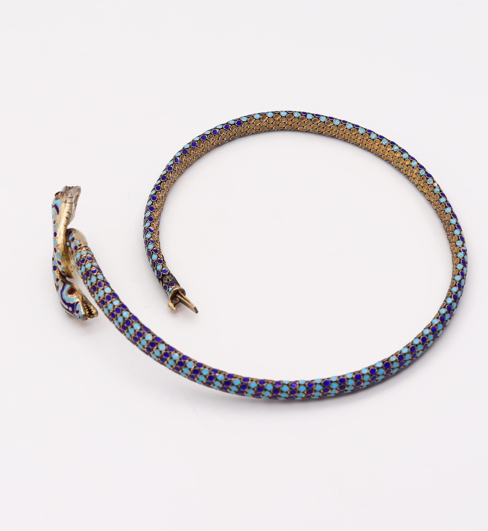 French 1880 Egyptian Revival Snakes Necklace in Silver with Champleve Cloisonné For Sale 3