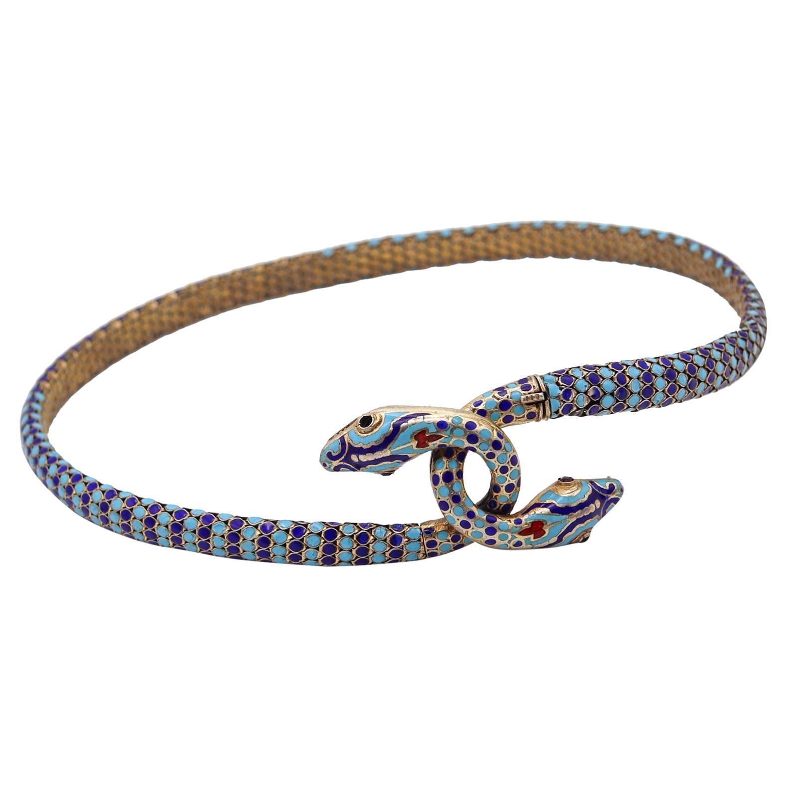 French 1880 Egyptian Revival Snakes Necklace in Silver with Champleve Cloisonné For Sale