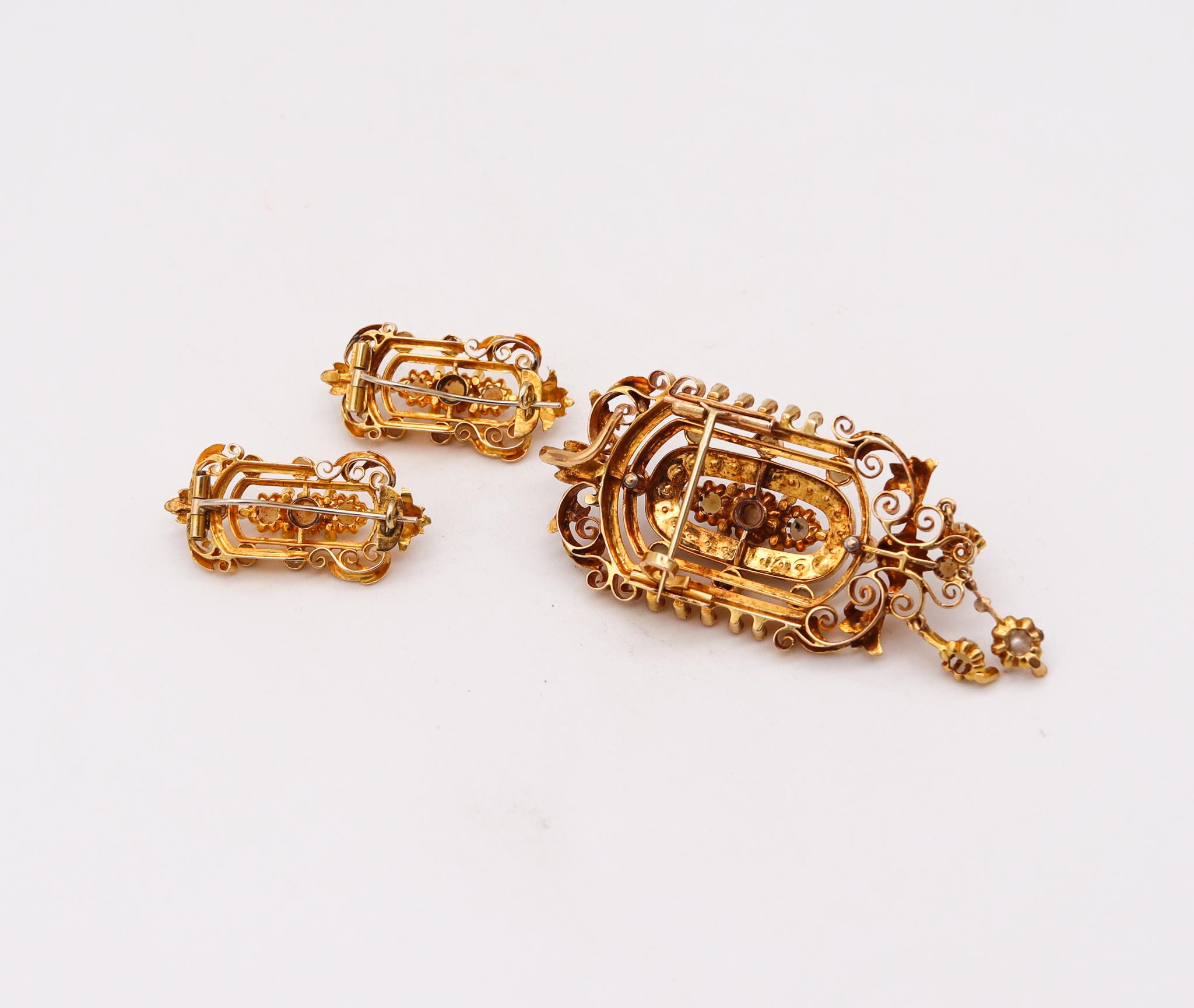 French 1880 Etruscan Revival Pendant Earrings Suite 19Kt Gold with Natural Pearl For Sale 5