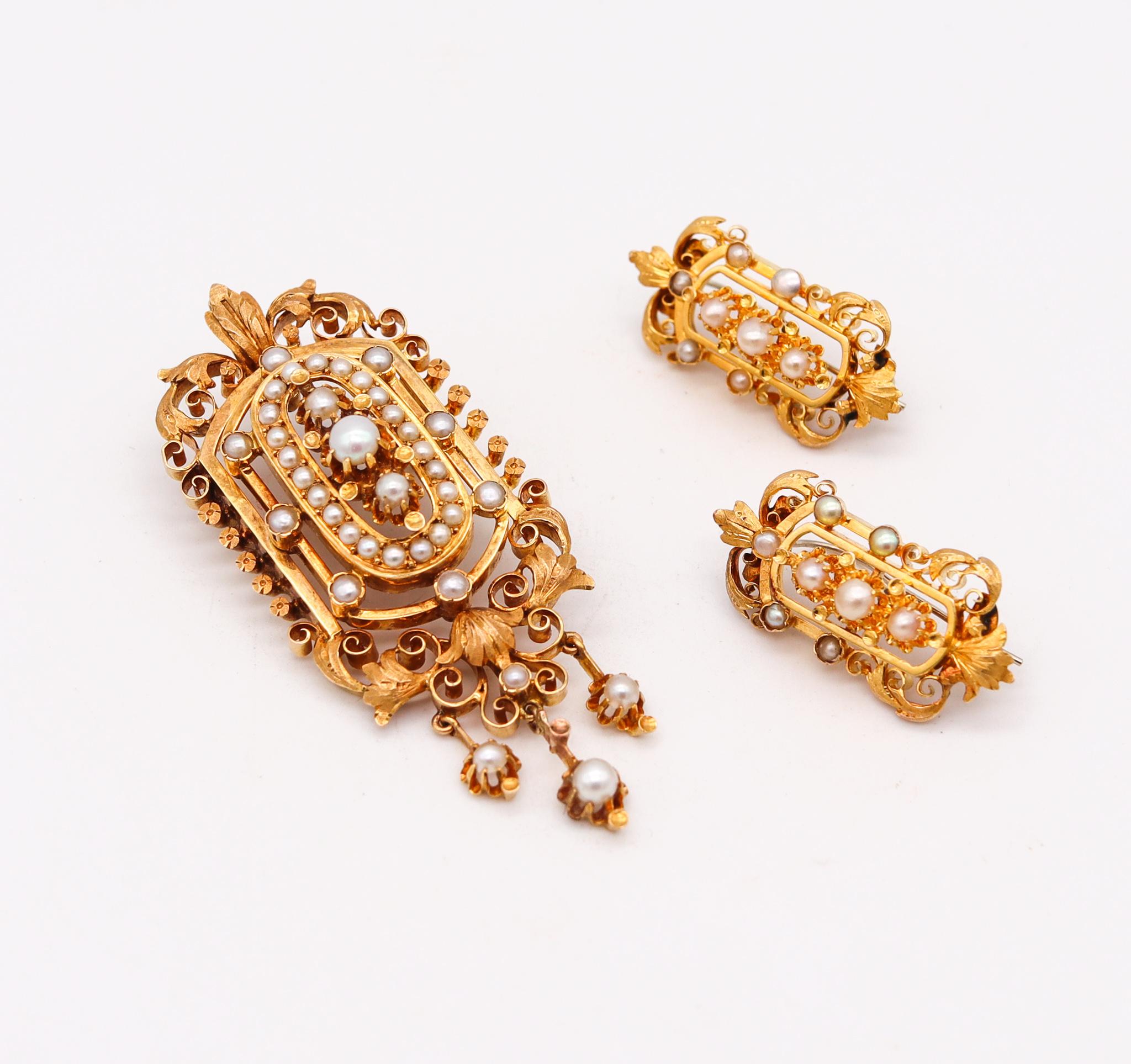 Etruskische Revival-Ohrringe mit Anhänger aus 19 Karat Gold mit natürlicher Perle, 1880 im Angebot 2