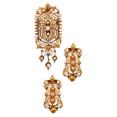 Antique French 1880 Etruscan Revival Pendant Earrings Suite 19Kt Gold with Natural Pearl