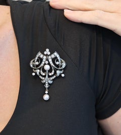 FRENCH 1880 Neo Classic Necklace-Brooch 18Kt Gold & Silver With Diamonds & Pearl