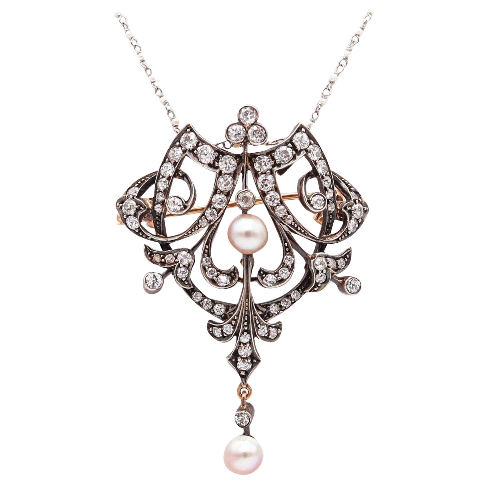 FRENCH 1880 Neo Classic Necklace-Brooch 18Kt Gold & Silver With Diamonds & Pearl