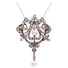 FRENCH 1880 Neo Classic Necklace-Brooch 18Kt Gold & Silver With Diamonds & Pearl