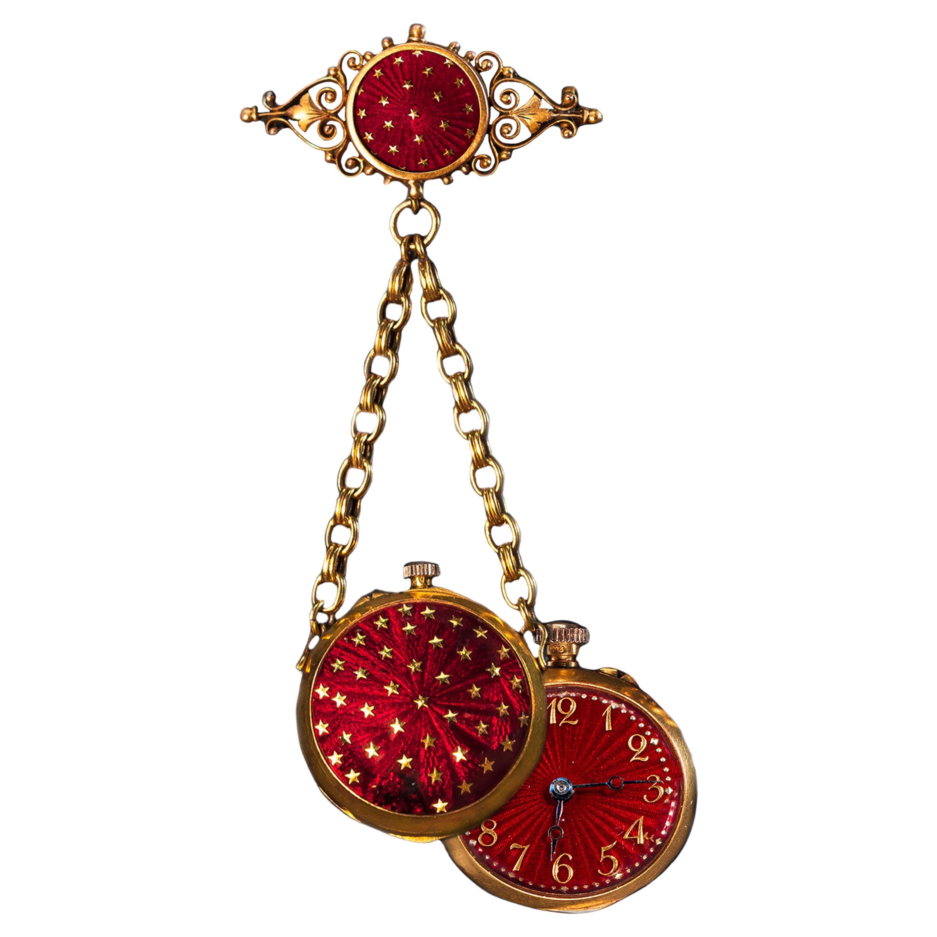 French 1880s Art Nouveau Gold Zigzag Enamel Star Pendant Lapel Pin Pocket Watch