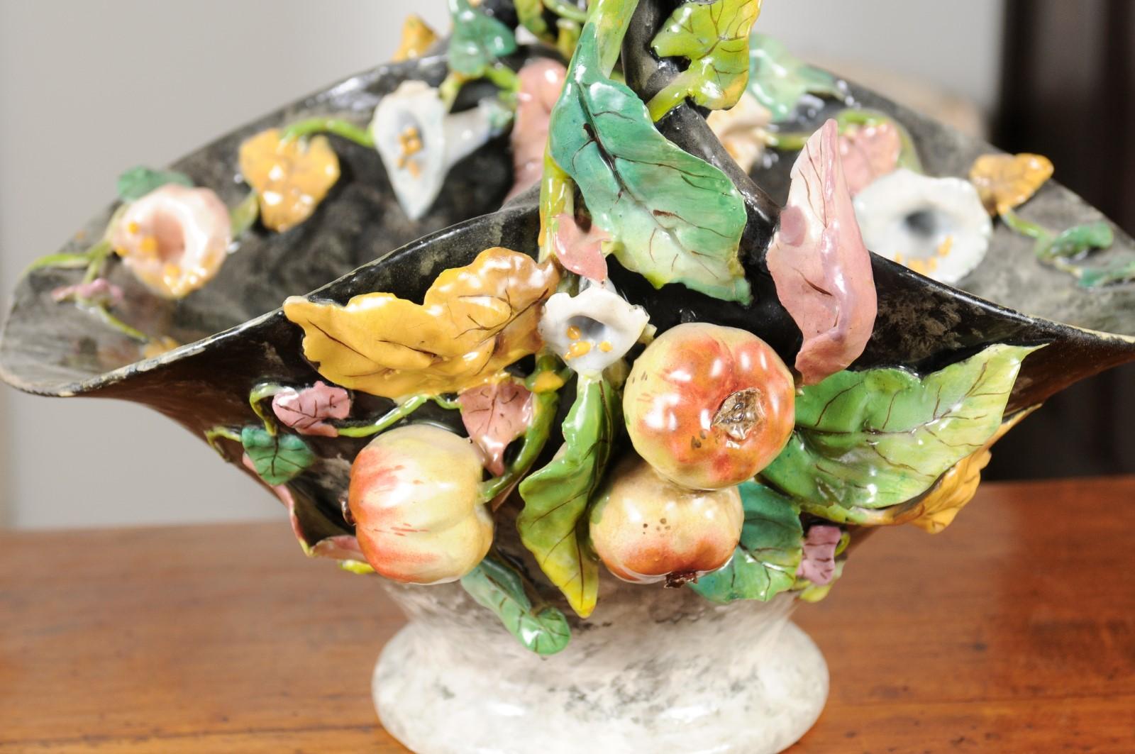 Ceramic French 1880s Barbotine Jardinière Basket with Fruits, Foliage and Floral Motifs