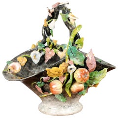 Antique French 1880s Barbotine Jardinière Basket with Fruits, Foliage and Floral Motifs