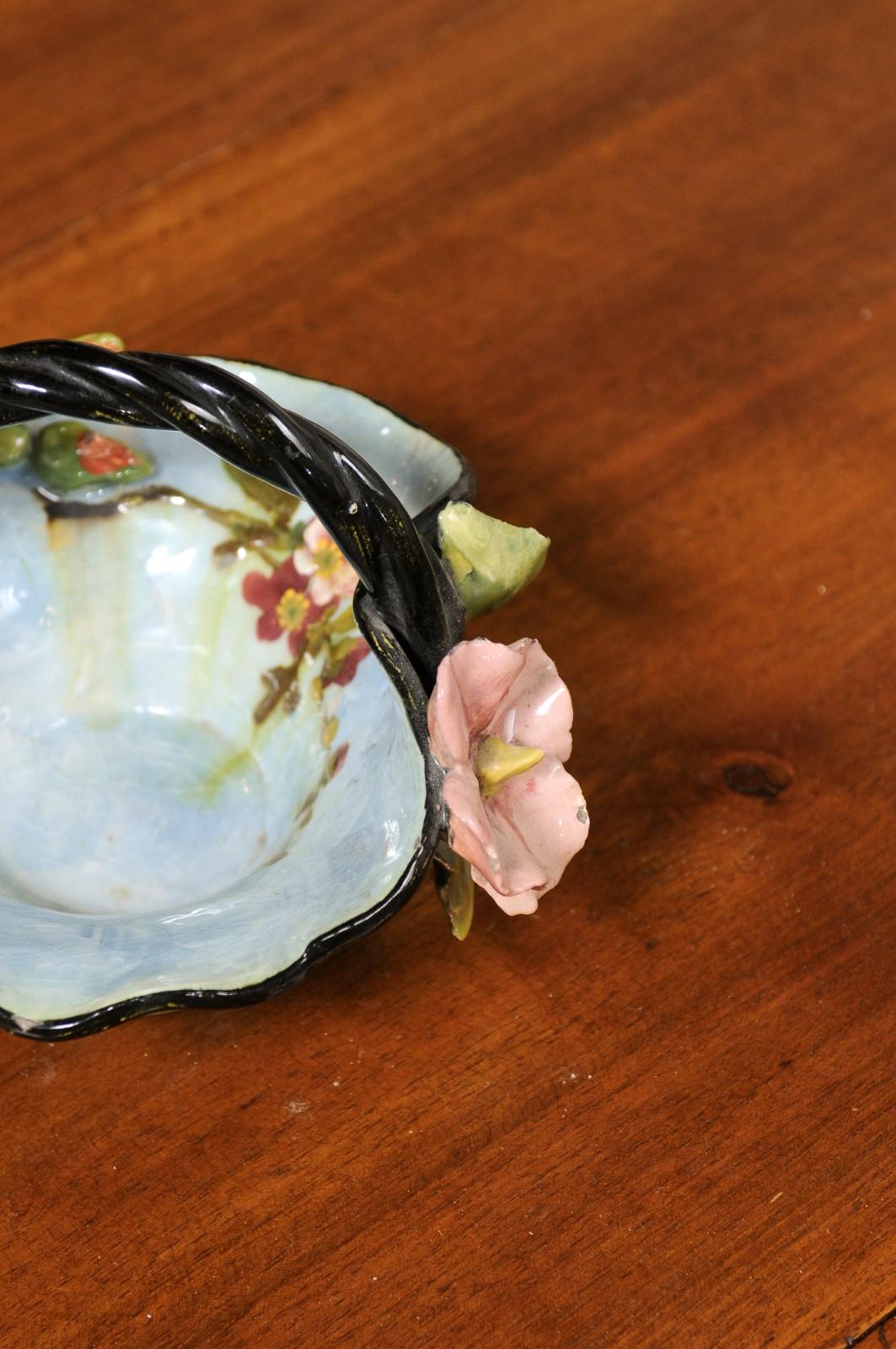 French 1880s Barbotine Majolica Basket with High Relief Colorful Flowers For Sale 5