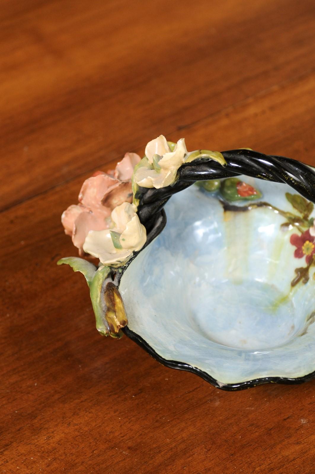 French 1880s Barbotine Majolica Basket with High Relief Colorful Flowers For Sale 6