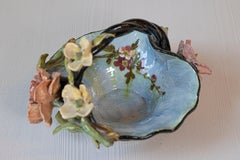 French 1880s Barbotine Majolica Basket with High Relief Colorful Flowers