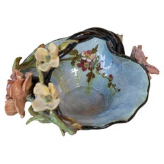 French 1880s Barbotine Majolica Basket with High Relief Colorful Flowers