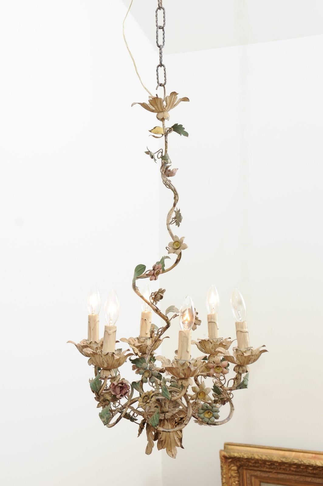 French 1880s Belle Époque Painted Tôle Six-Light Chandelier with Petite Flowers In Good Condition For Sale In Atlanta, GA
