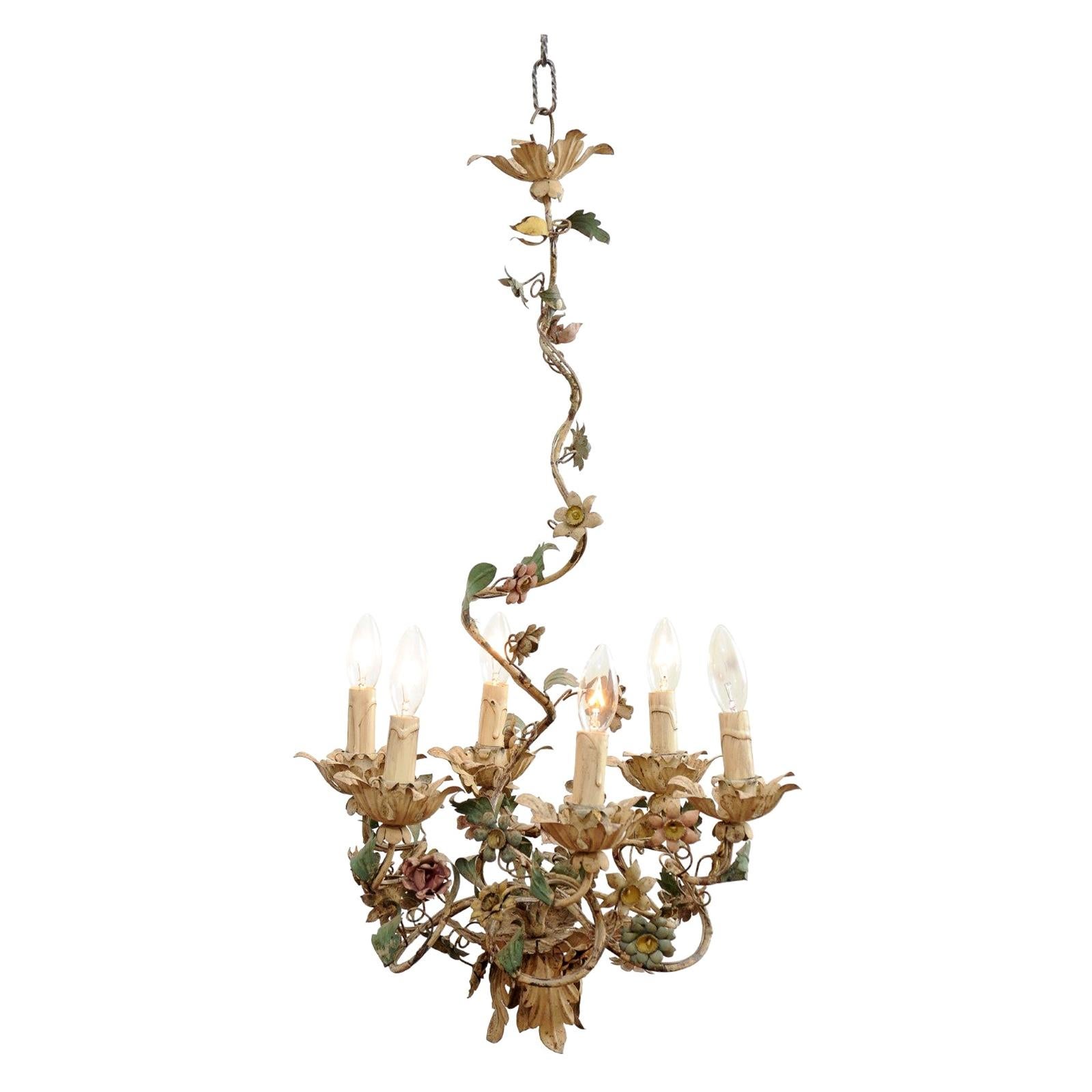 French 1880s Belle Époque Painted Tôle Six-Light Chandelier with Petite Flowers For Sale