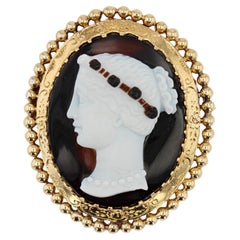 French 1880s Bi-Layer Agate Cameo 18 Karat Yellow Gold Brooch