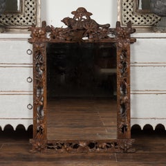French 1880s Black Forest Wooden Mirror with Carved Fox, Foliage and Branches