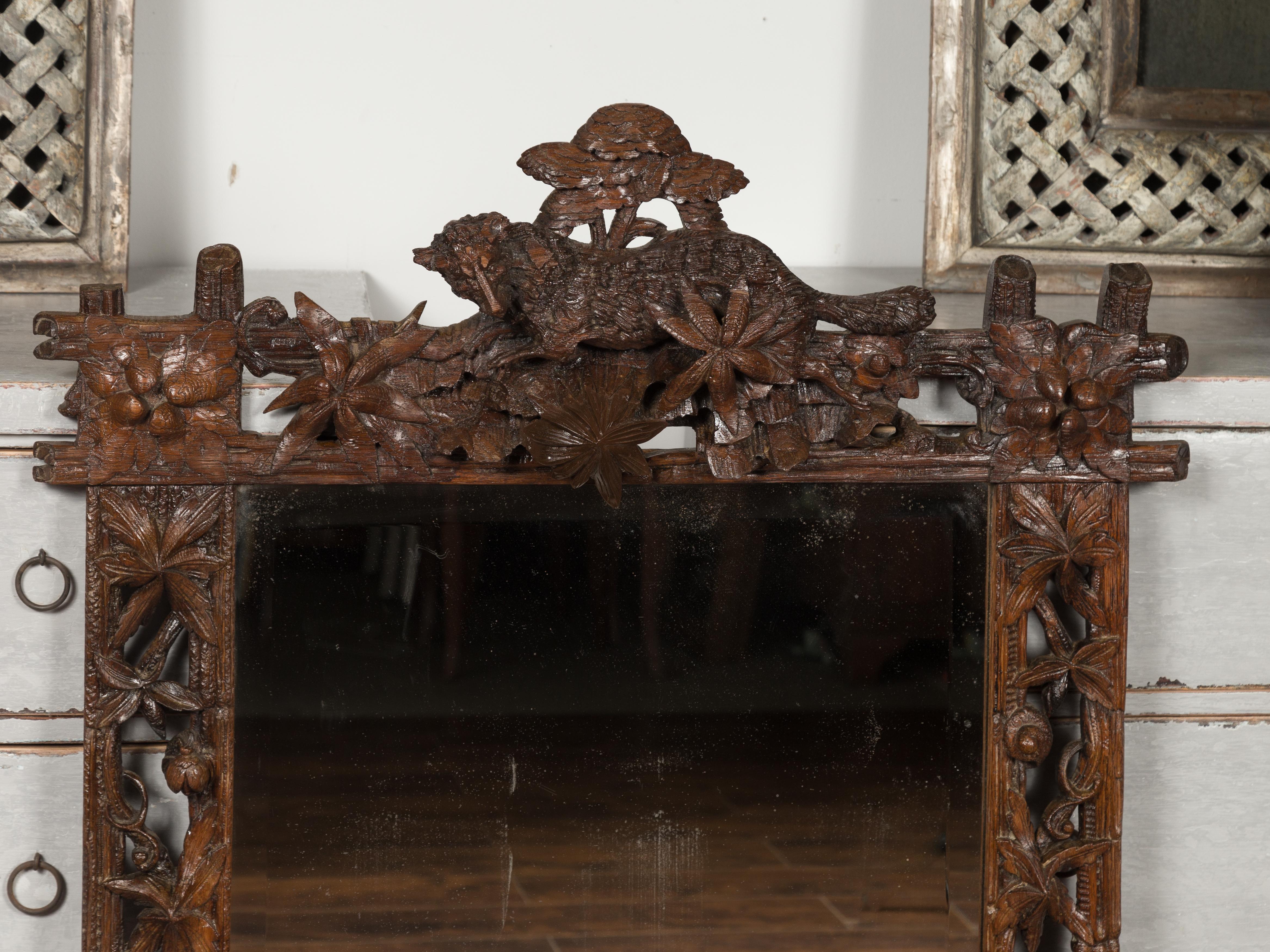 19th Century French 1880s Black Forest Wooden Mirror with Carved Fox, Foliage and Branches
