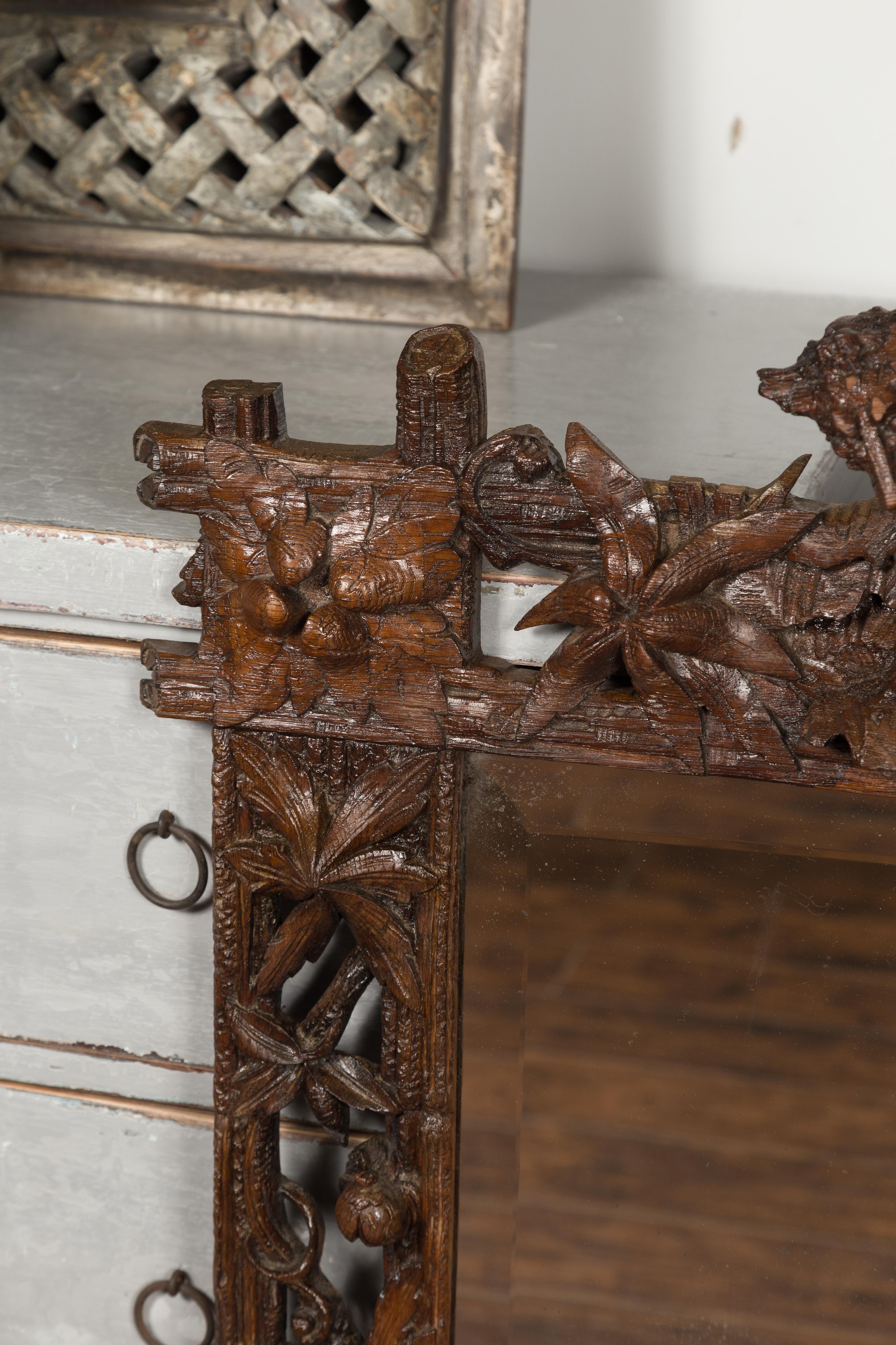 French 1880s Black Forest Wooden Mirror with Carved Fox, Foliage and Branches 2