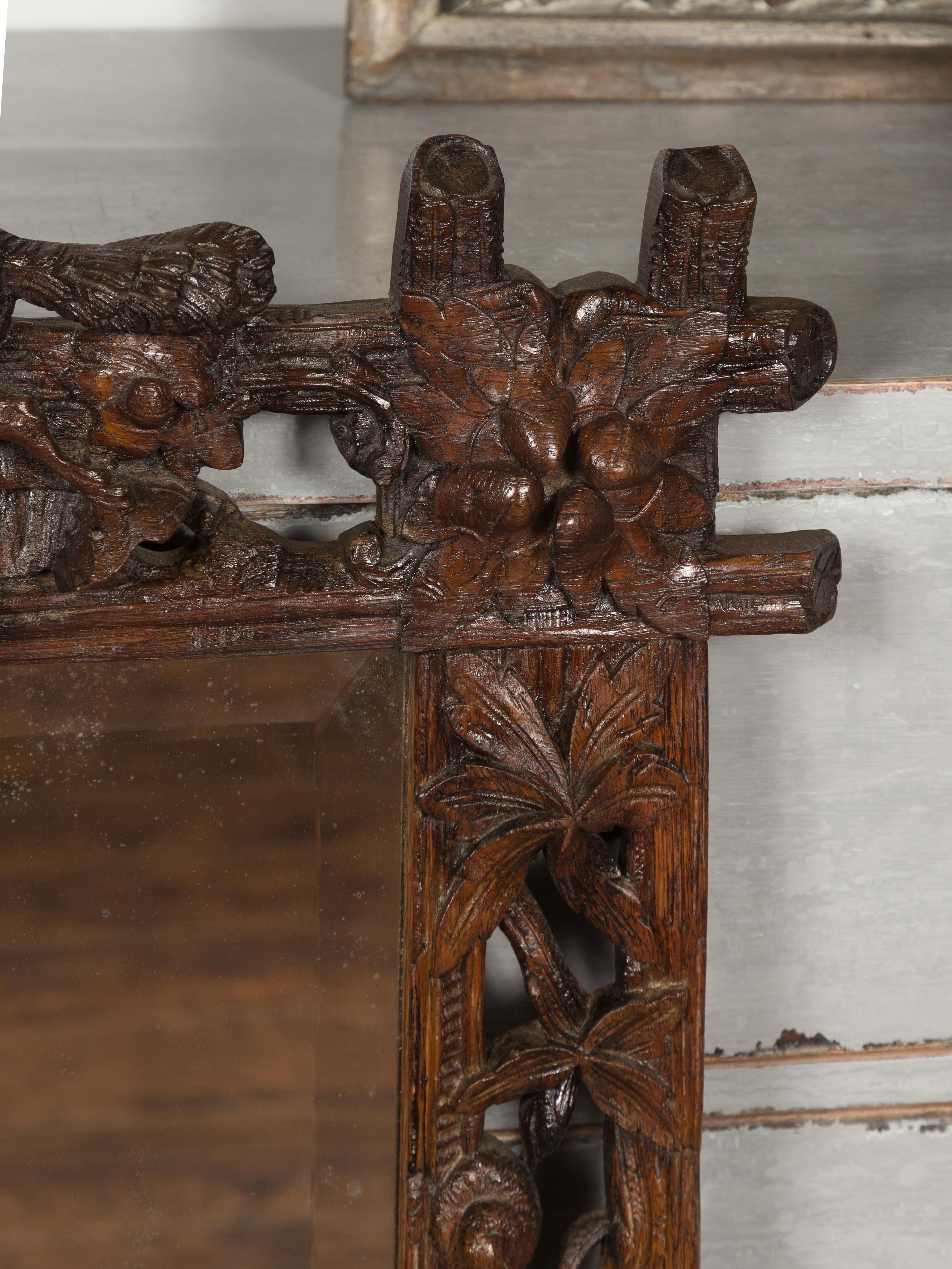 French 1880s Black Forest Wooden Mirror with Carved Fox, Foliage and Branches 3