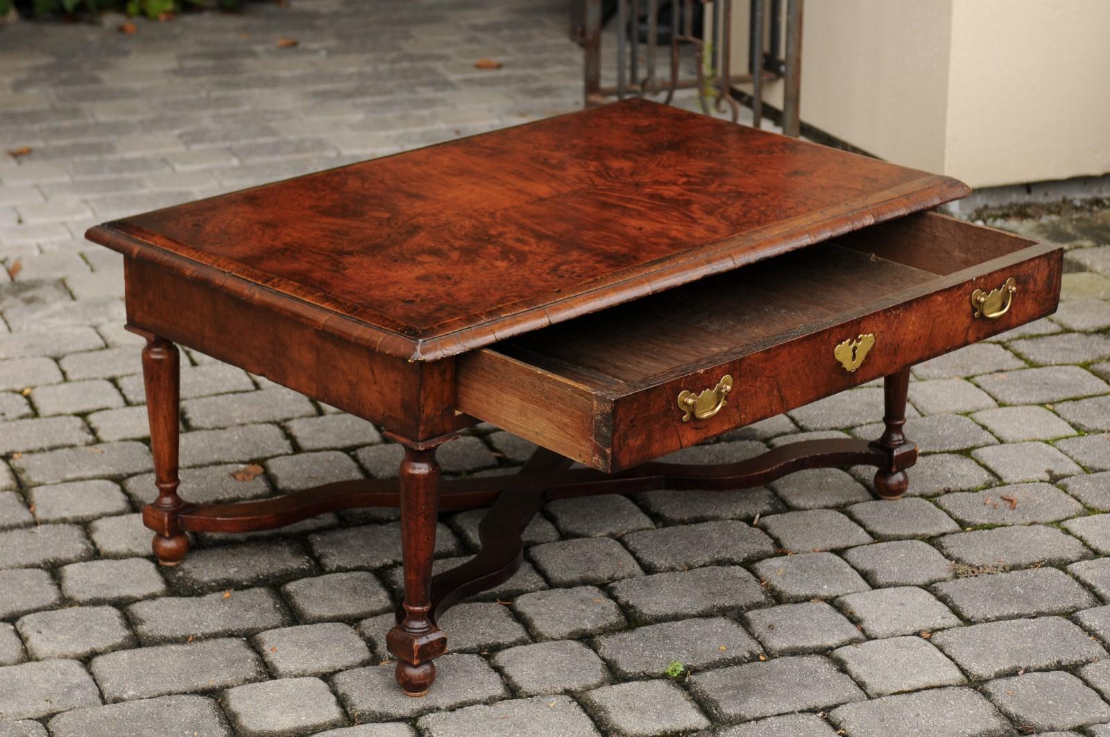 Brass French 1880s Burl Walnut Coffee Table with Drawer, Baluster Legs and Stretcher