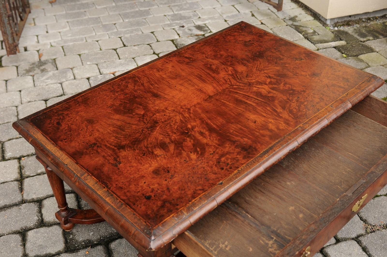 French 1880s Burl Walnut Coffee Table with Drawer, Baluster Legs and Stretcher 2