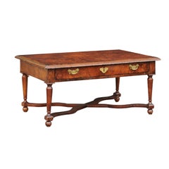 French 1880s Burl Walnut Coffee Table with Drawer, Baluster Legs and Stretcher