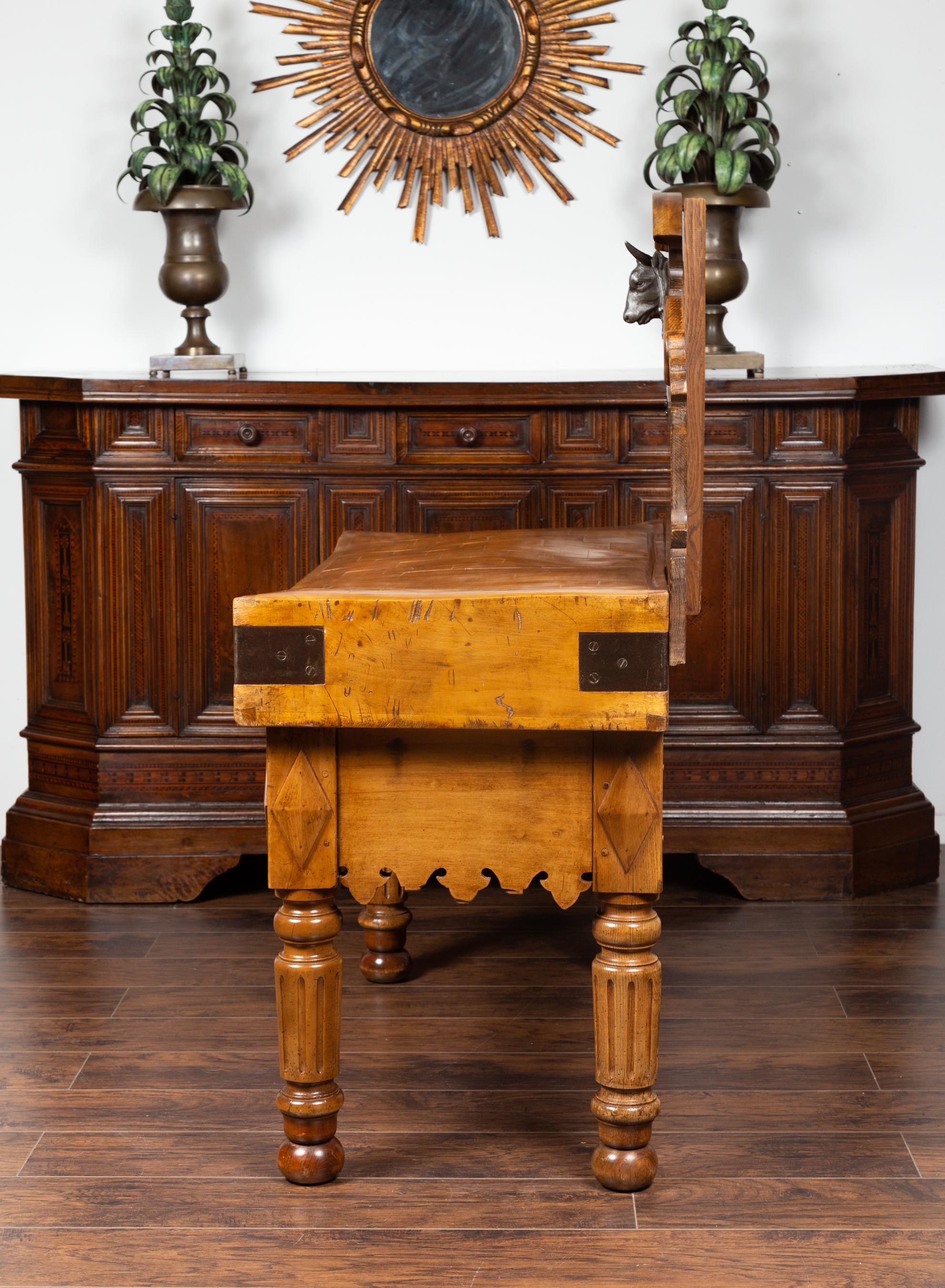 French 1880s Butcher Block with Broken Pediment, Carved Bull Head and Volutes 11