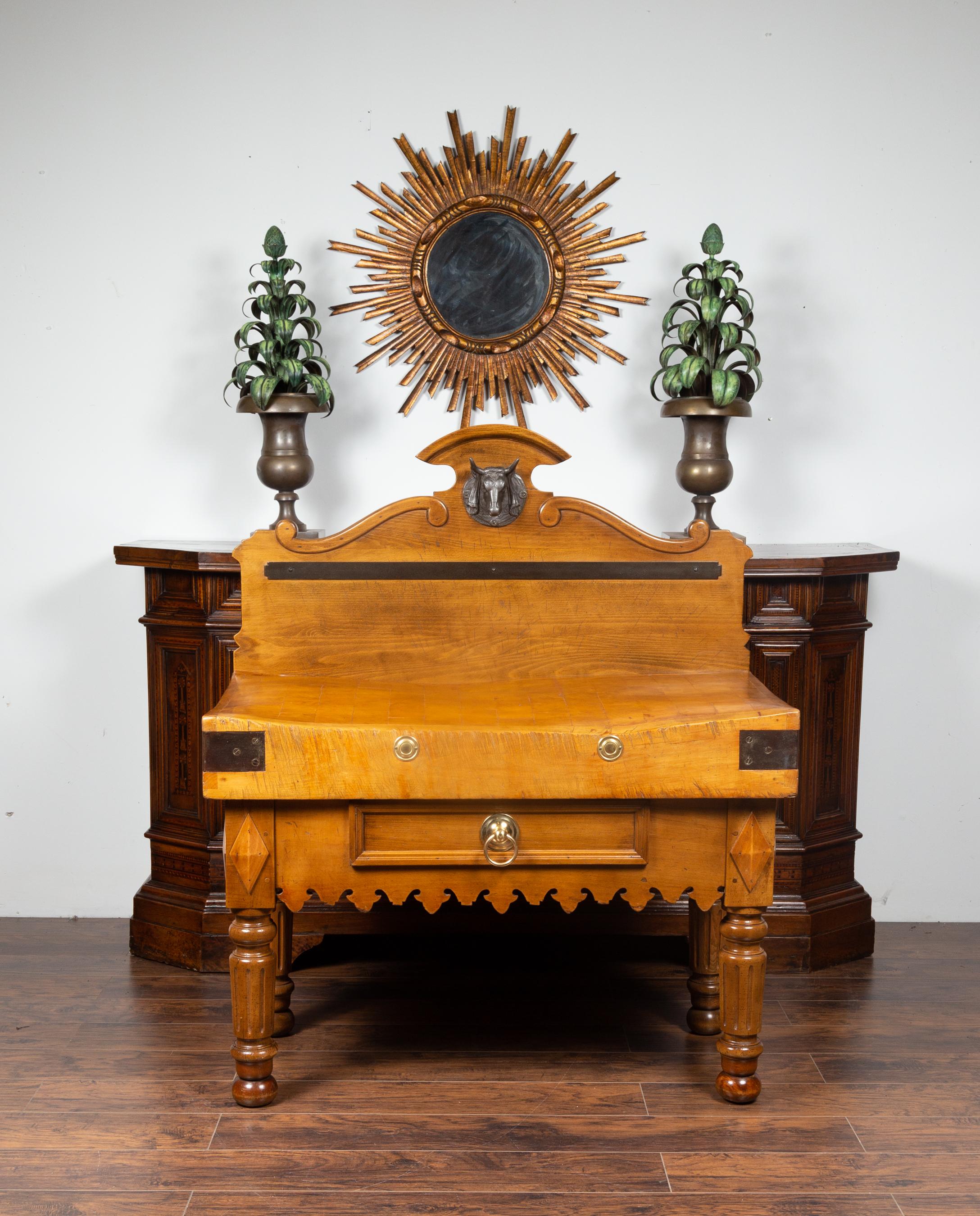 19th Century French 1880s Butcher Block with Broken Pediment, Carved Bull Head and Volutes
