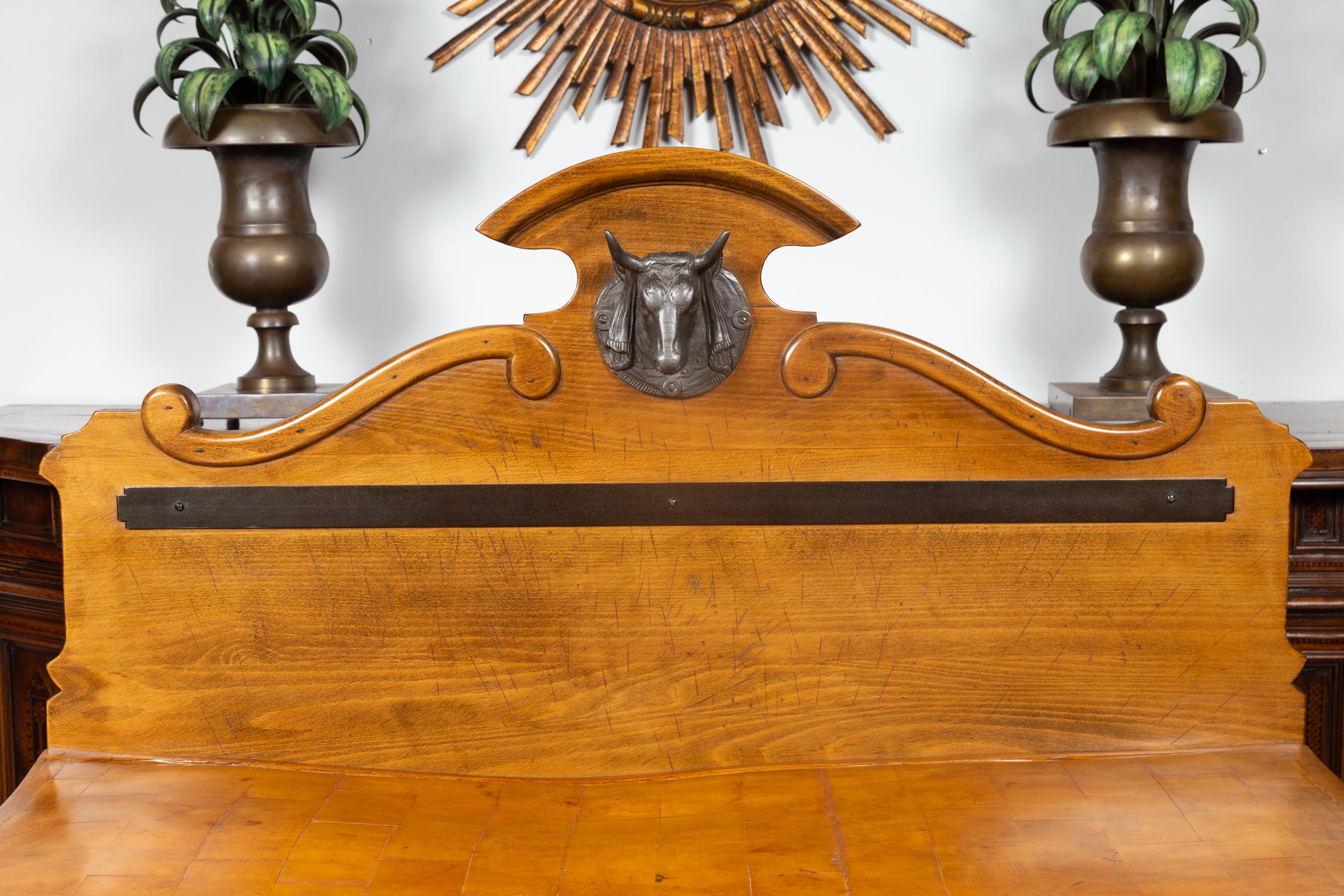 Wood French 1880s Butcher Block with Broken Pediment, Carved Bull Head and Volutes