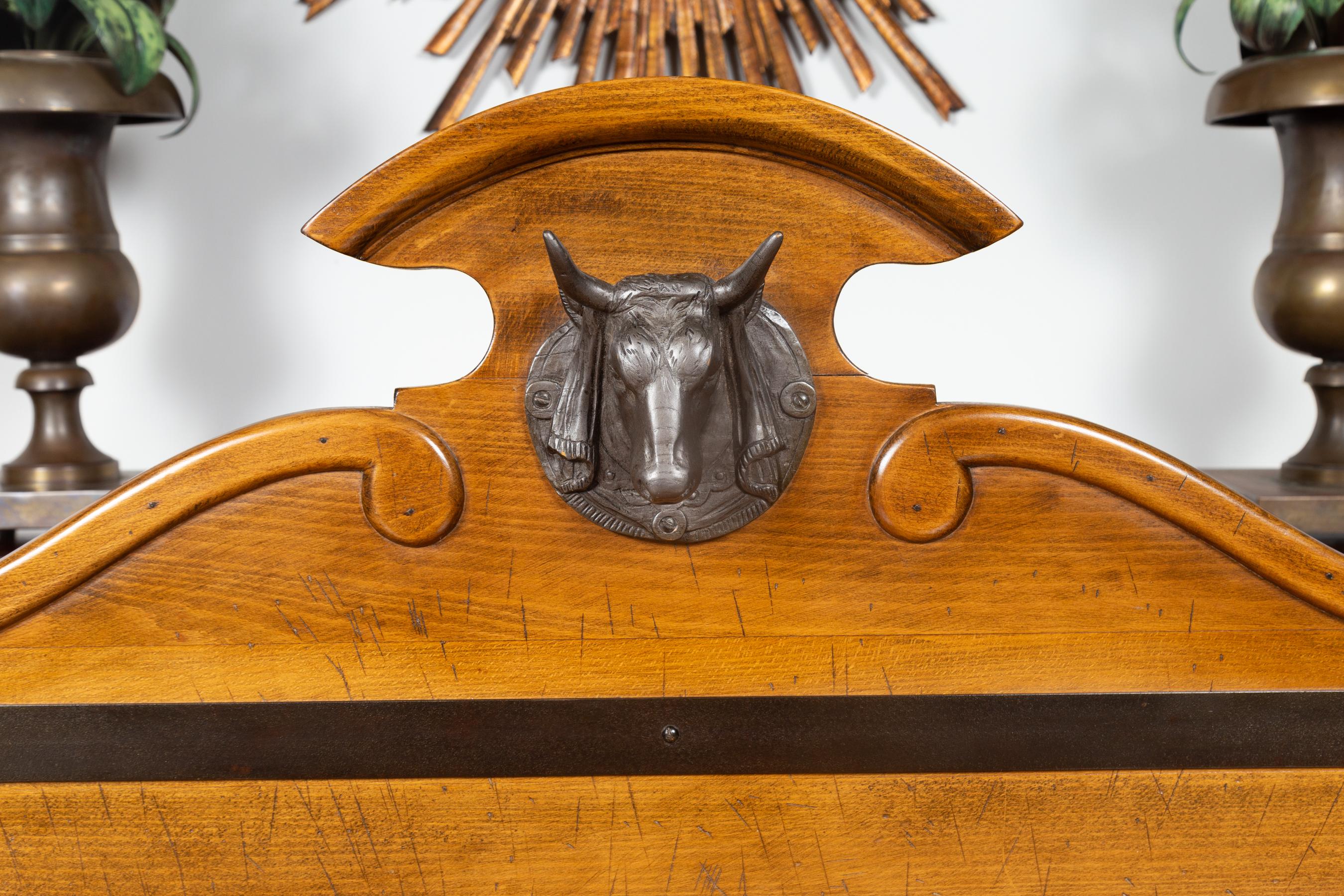 French 1880s Butcher Block with Broken Pediment, Carved Bull Head and Volutes 1