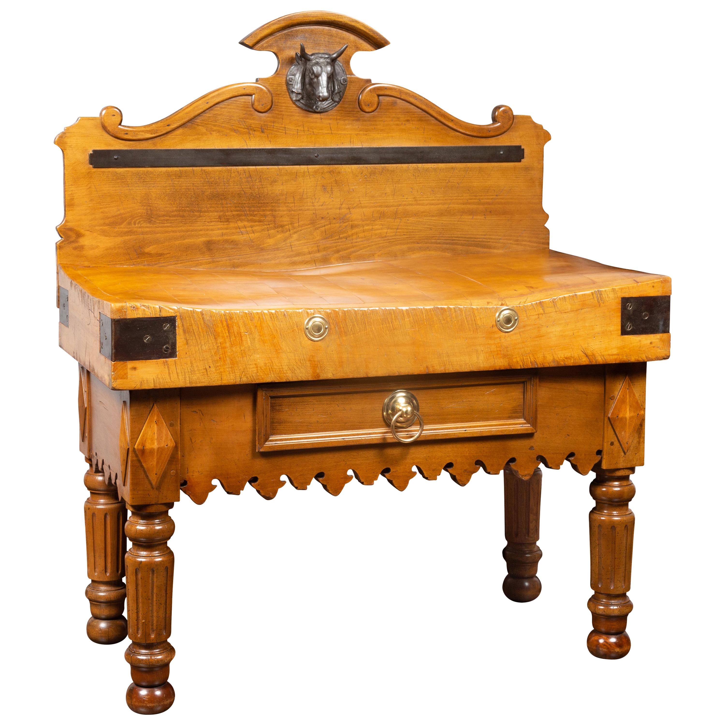 French 1880s Butcher Block with Broken Pediment, Carved Bull Head and Volutes