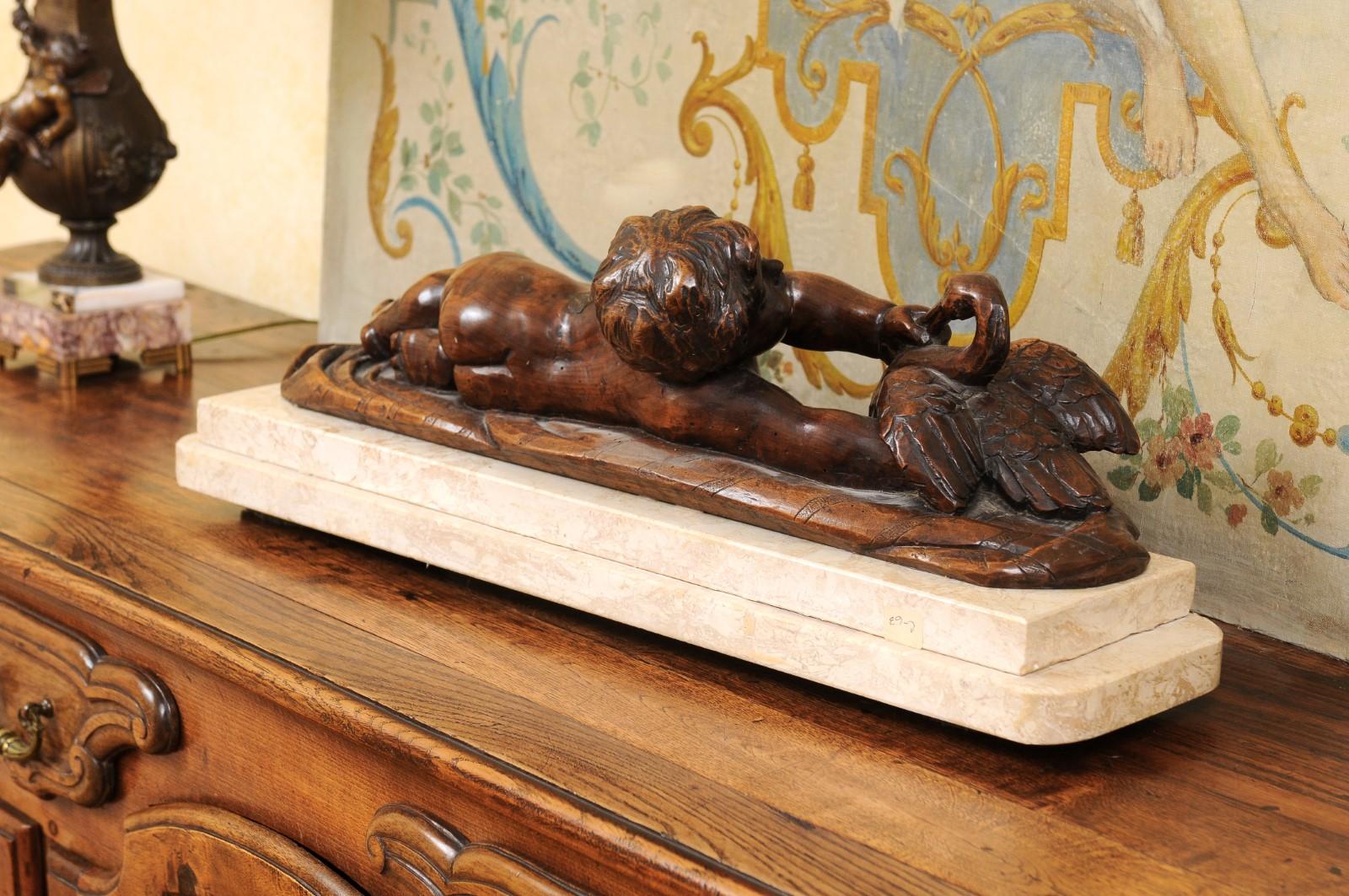 French 1880s Carved Walnut Putto Feeding a Swan Sculpted Group on Marble Base For Sale 6