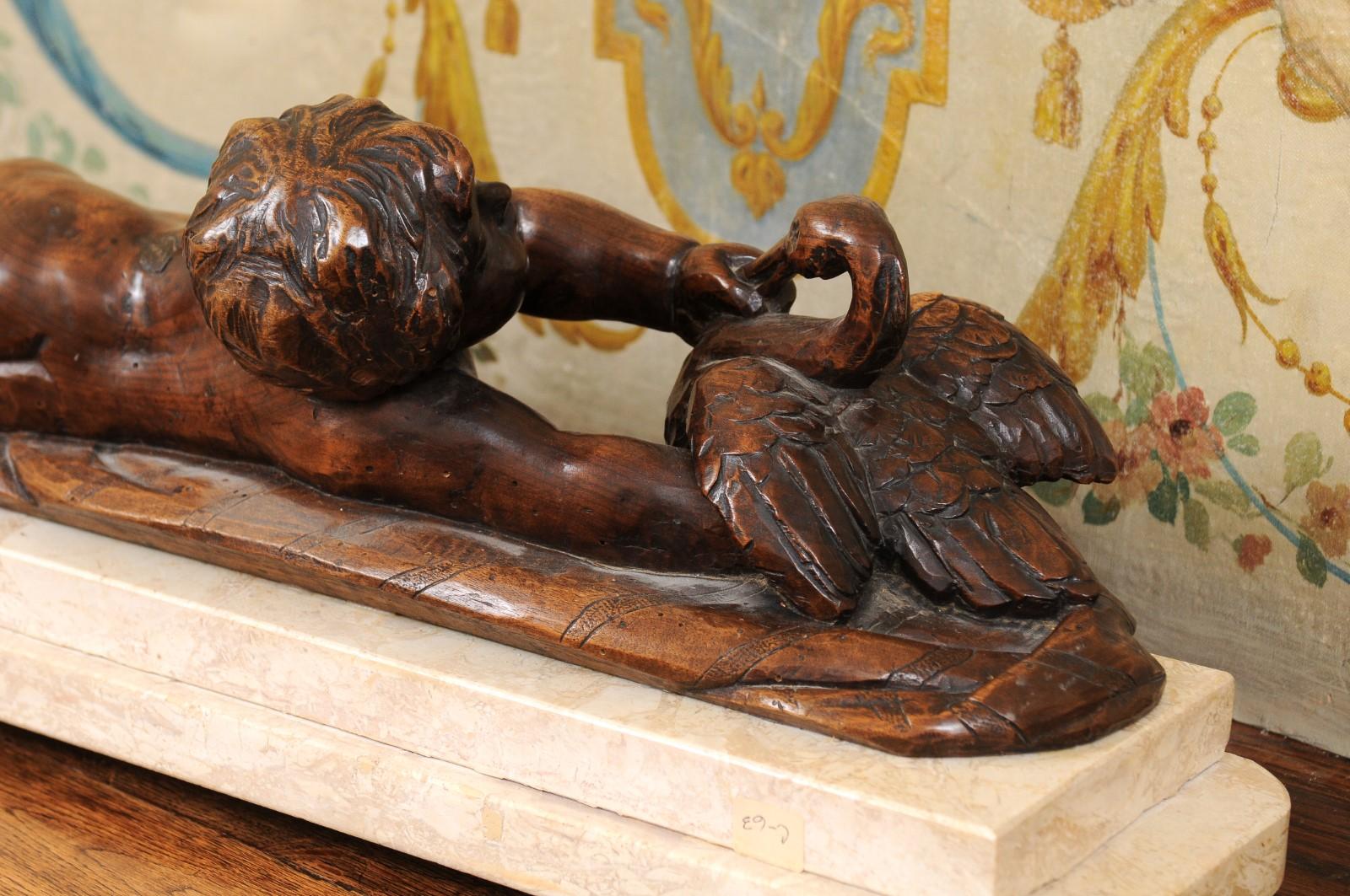 French 1880s Carved Walnut Putto Feeding a Swan Sculpted Group on Marble Base For Sale 7